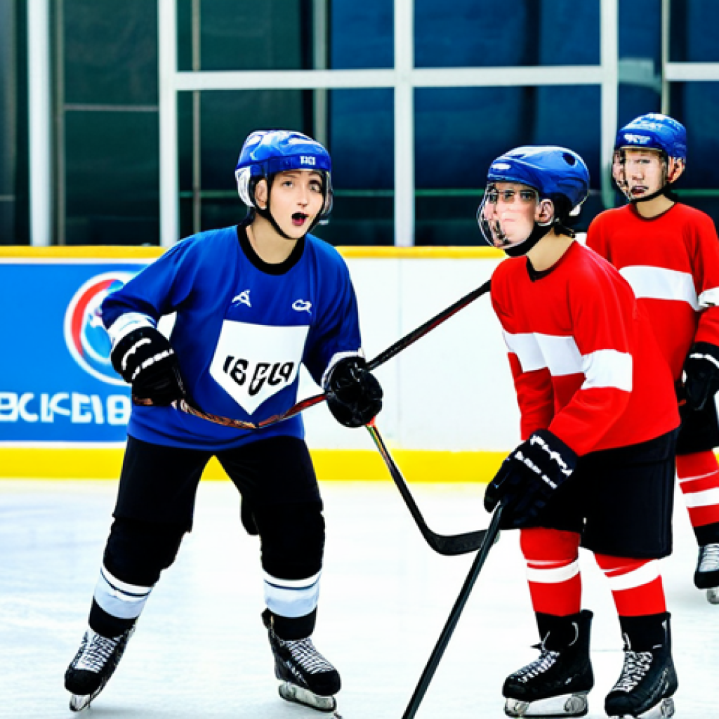 **Young Talents Training**: "A vibrant scene at a Belarusian ice rink, showcasing young ice hockey players of various ages training passionately. The background features modern facilities and enthusiastic coaches, highlighting the increasing number of youth engaging in the sport. The atmosphere is filled with excitement and determination."