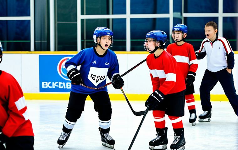 **Young Talents Training**: "A vibrant scene at a Belarusian ice rink, showcasing young ice hockey players of various ages training passionately. The background features modern facilities and enthusiastic coaches, highlighting the increasing number of youth engaging in the sport. The atmosphere is filled with excitement and determination."