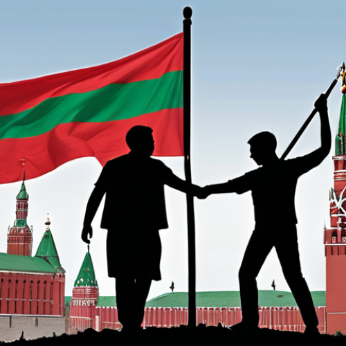 **Image:** A stylized tug-of-war between the EU flag and the Belarusian flag, with a silhouette of the Kremlin in the background, subtly influencing the Belarusian side. In the foreground, depict small business owners caught in the middle, showing worry and uncertainty. This symbolizes the delicate balance between economic interests and geopolitical influences.