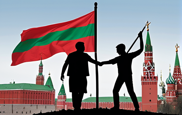 **Image:** A stylized tug-of-war between the EU flag and the Belarusian flag, with a silhouette of the Kremlin in the background, subtly influencing the Belarusian side. In the foreground, depict small business owners caught in the middle, showing worry and uncertainty. This symbolizes the delicate balance between economic interests and geopolitical influences.
