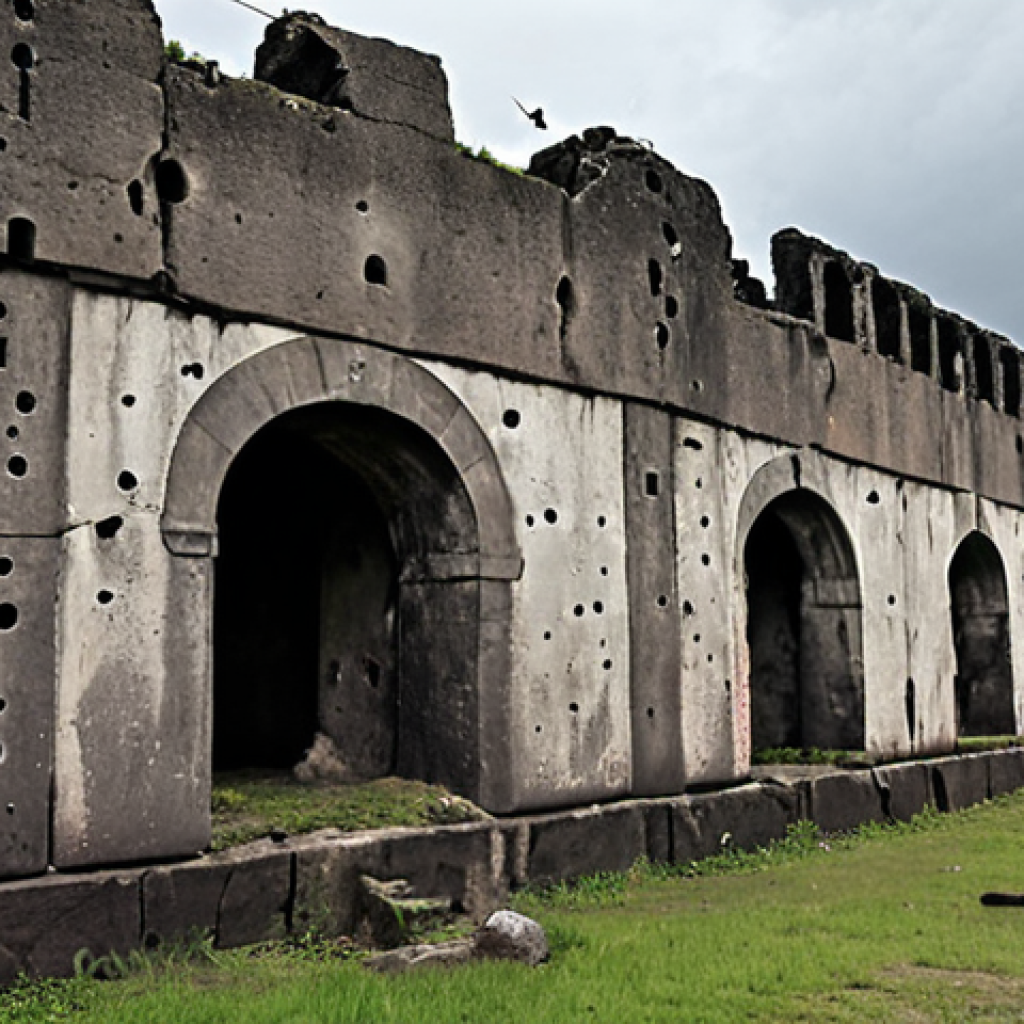 A somber, evocative image of the Brest Fortress ruins. Ancient stone walls, scarred with visible bullet holes and shrapnel marks, stand under an overcast sky, conveying a melancholic atmosphere. The scene emphasizes the raw, tangible history and the physical scars of battle, with faint, almost palpable echoes of past human struggle.