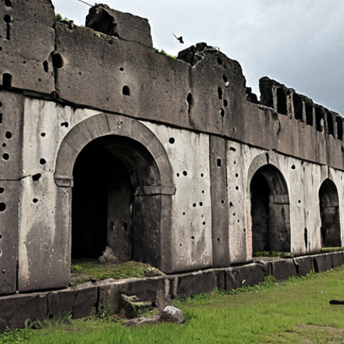 A somber, evocative image of the Brest Fortress ruins. Ancient stone walls, scarred with visible bullet holes and shrapnel marks, stand under an overcast sky, conveying a melancholic atmosphere. The scene emphasizes the raw, tangible history and the physical scars of battle, with faint, almost palpable echoes of past human struggle.