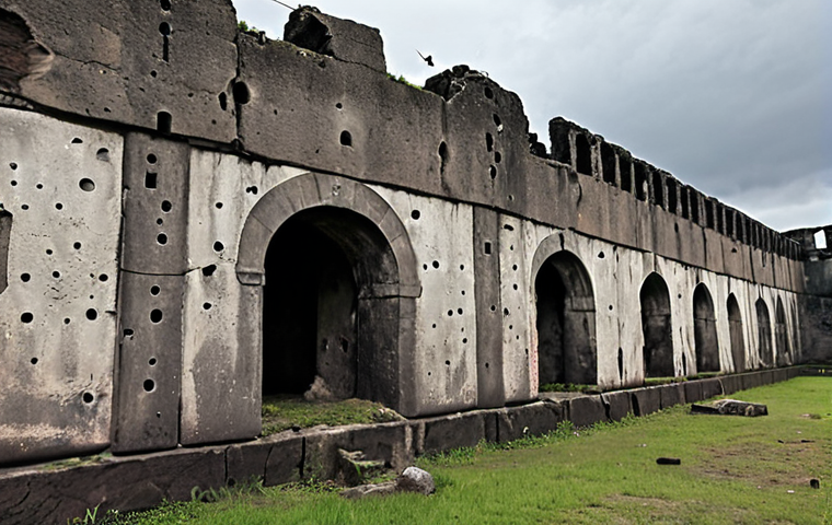 A somber, evocative image of the Brest Fortress ruins. Ancient stone walls, scarred with visible bullet holes and shrapnel marks, stand under an overcast sky, conveying a melancholic atmosphere. The scene emphasizes the raw, tangible history and the physical scars of battle, with faint, almost palpable echoes of past human struggle.